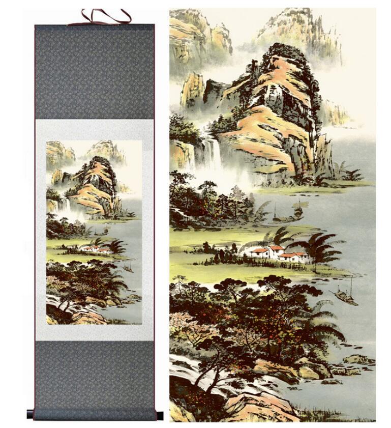 Chinese Art Scroll Painting Landscape Mountain And River Ancient Silk Picture Wall Ideas 13330-Chinese Style Finds™