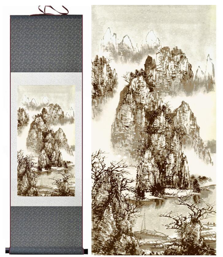 Chinese Art Scroll Painting Landscape Mountain And River Ancient Silk Picture Wall Ideas 13338-Chinese Style Finds™