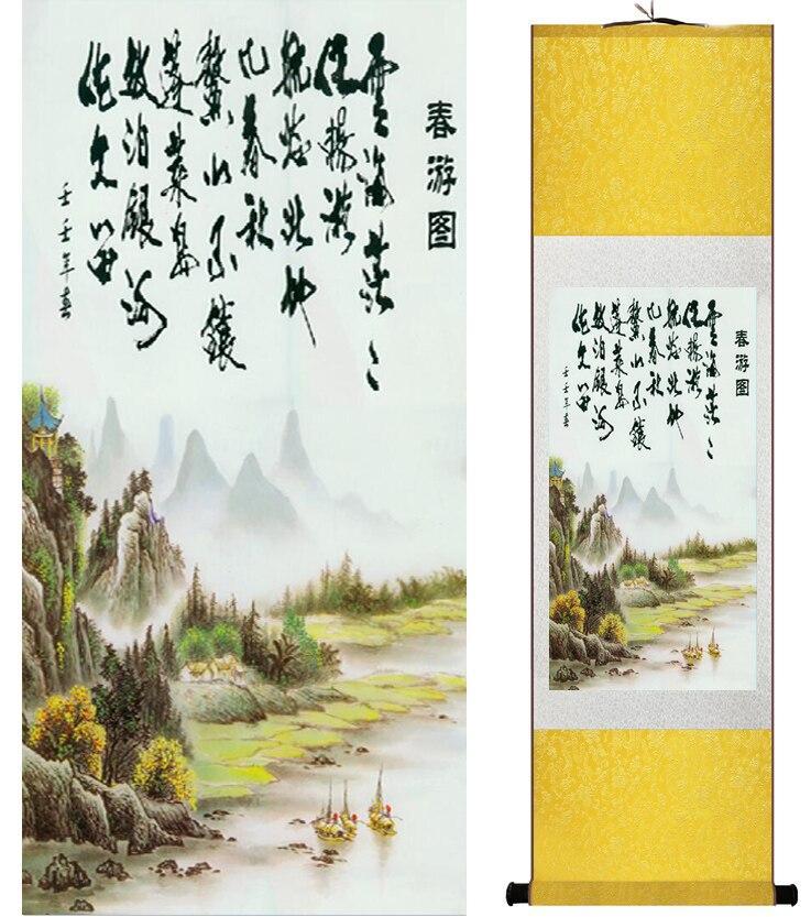 Chinese Art Scroll Painting Landscape Mountain And River Ancient Silk Picture Wall Ideas 14918-Chinese Style Finds™