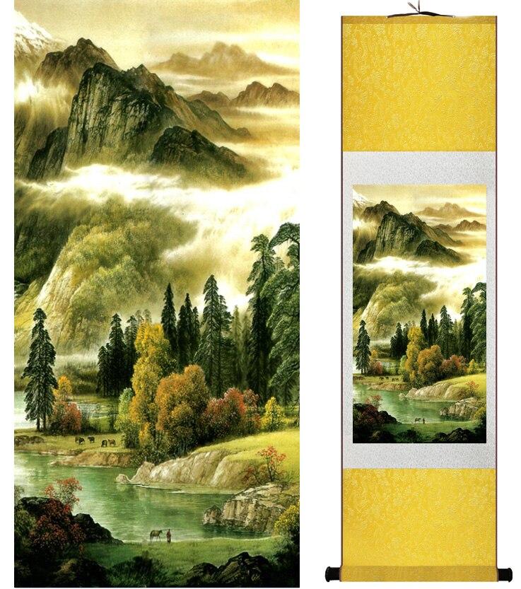 Chinese Art Scroll Painting Landscape Mountain And River Ancient Silk Picture Wall Ideas 14942-Chinese Style Finds™