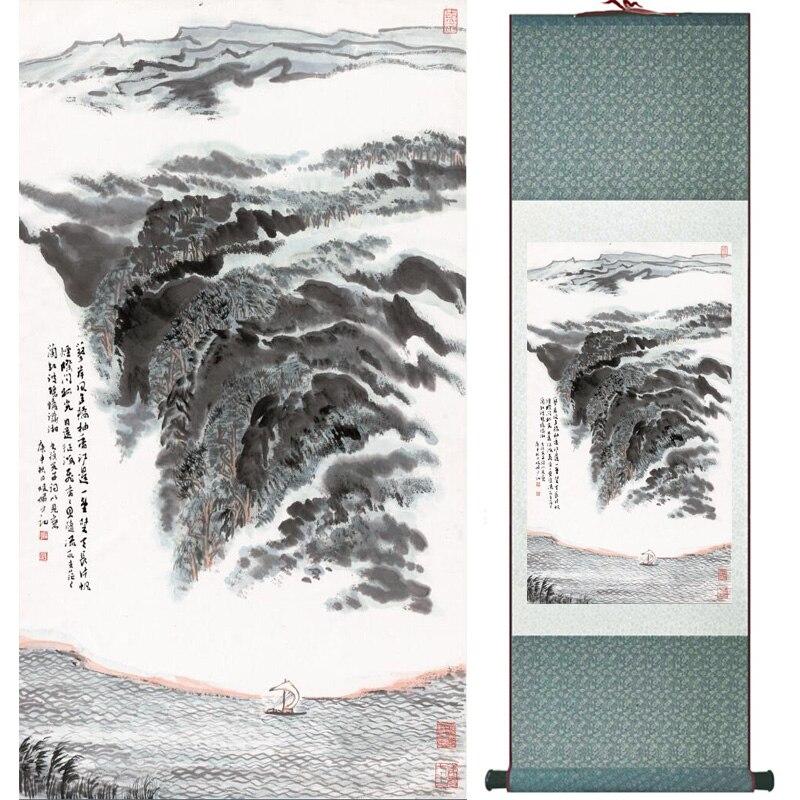 Chinese Art Scroll Painting Landscape Mountain And River Ancient Silk Picture Wall Ideas 15490-Chinese Style Finds™