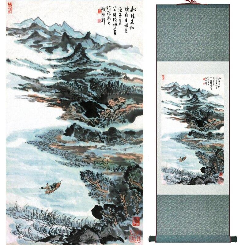 Chinese Art Scroll Painting Landscape Mountain And River Ancient Silk Picture Wall Ideas 15510-Chinese Style Finds™