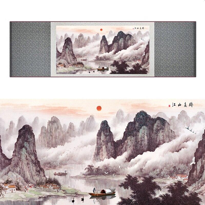 Chinese Art Scroll Painting Landscape Mountain And River Ancient Silk Picture Wall Ideas 17378-Chinese Style Finds™