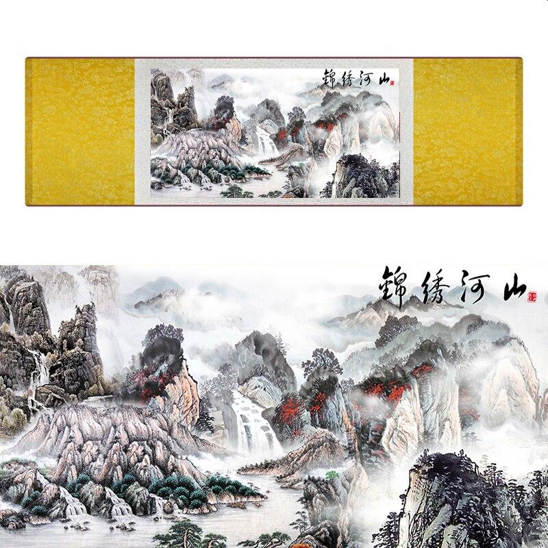 Chinese Art Scroll Painting Landscape Mountain And River Ancient Silk Picture Wall Ideas 18664-Chinese Style Finds™