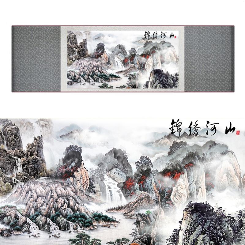 Chinese Art Scroll Painting Landscape Mountain And River Ancient Silk Picture Wall Ideas 18664-Chinese Style Finds™