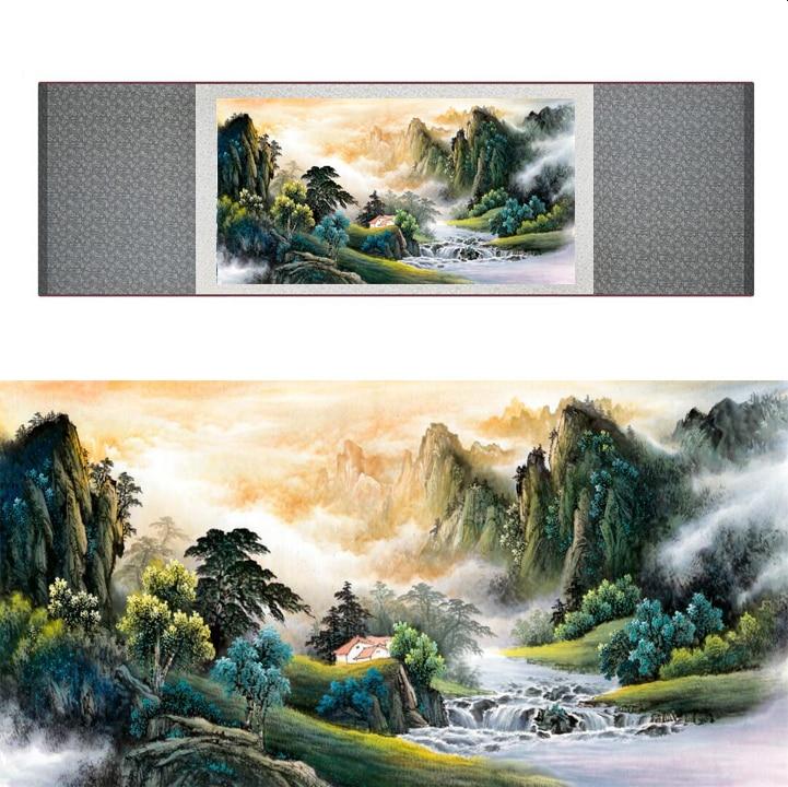 Chinese Art Scroll Painting Landscape Mountain And River Ancient Silk Picture Wall Ideas 18672-Chinese Style Finds™