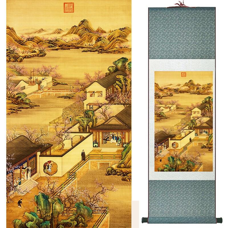 Chinese Art Scroll Painting Landscape Mountain And River China Palace Garden Ancient Silk Picture Wall Ideas 18560-Chinese Style Finds™