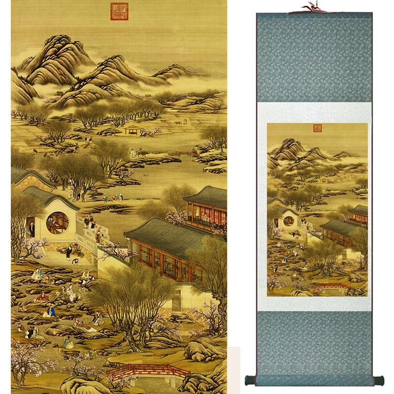 Chinese Art Scroll Painting Landscape Mountain And River China Palace Garden Ancient Silk Picture Wall Ideas 18564-Chinese Style Finds™