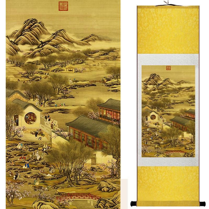 Chinese Art Scroll Painting Landscape Mountain And River China Palace Garden Ancient Silk Picture Wall Ideas 18564-Chinese Style Finds™