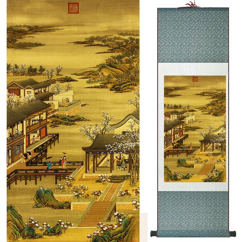 Chinese Art Scroll Painting Landscape Mountain And River China Palace Garden Ancient Silk Picture Wall Ideas 18568-Chinese Style Finds™