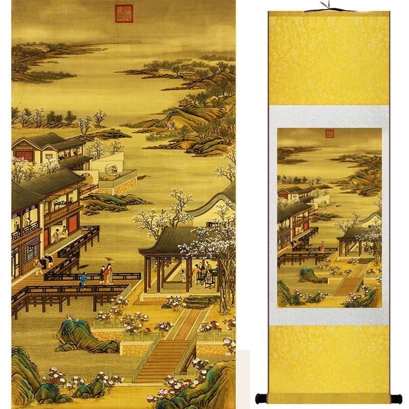 Chinese Art Scroll Painting Landscape Mountain And River China Palace Garden Ancient Silk Picture Wall Ideas 18568-Chinese Style Finds™