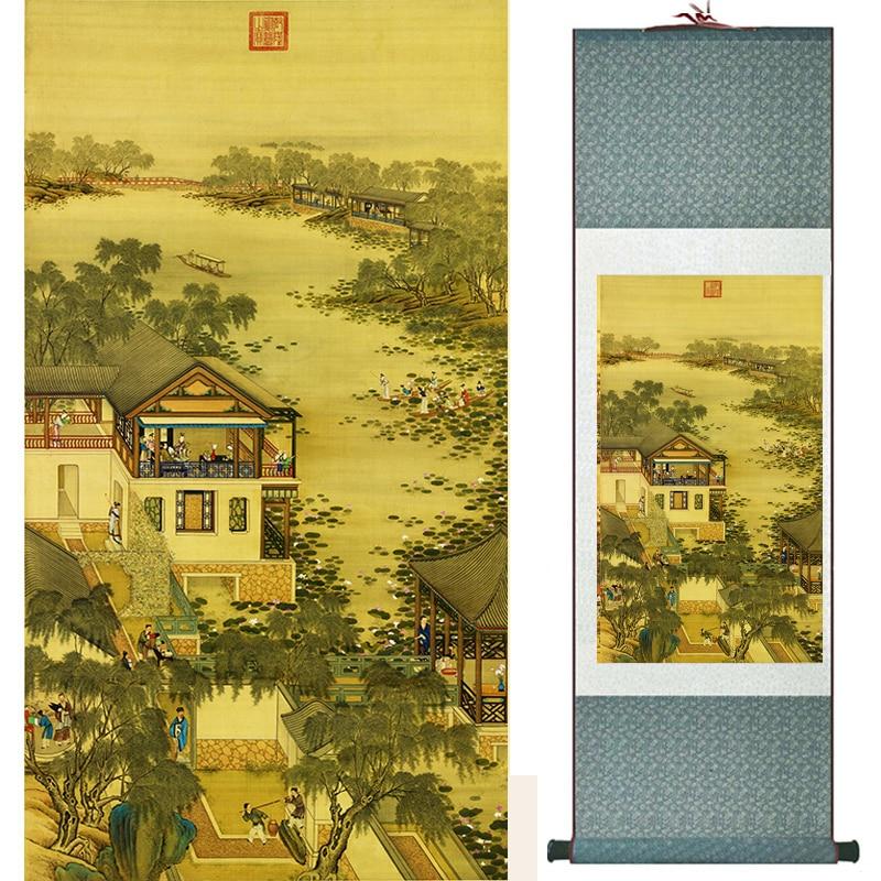 Chinese Art Scroll Painting Landscape Mountain And River China Palace Garden Ancient Silk Picture Wall Ideas 18572-Chinese Style Finds™