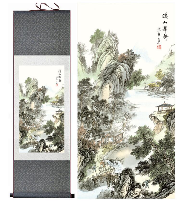 Chinese Art Scroll Painting Landscape Mountain And Water Ancient Silk Picture Wall Ideas 13882-Chinese Style Finds™