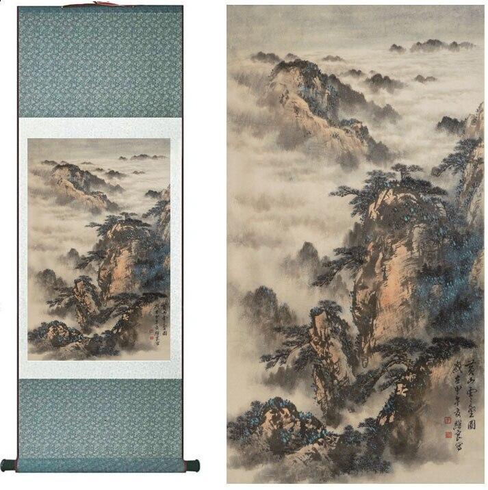 Chinese Art Scroll Painting Landscape Mountains Ancient Silk Picture Wall Ideas 11366-Chinese Style Finds™