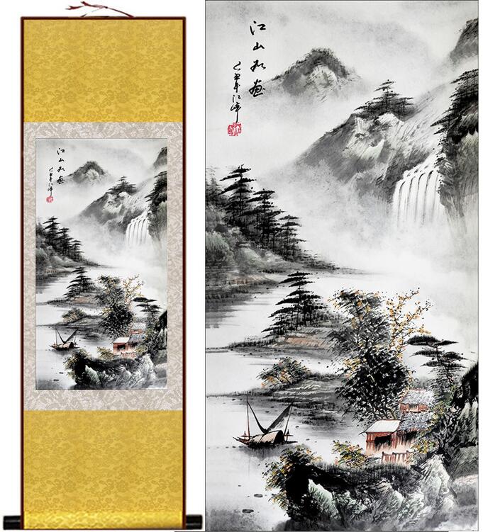 Chinese Art Scroll Painting Landscape Mountains And River Ancient Silk Picture Wall Ideas 12518-Chinese Style Finds™