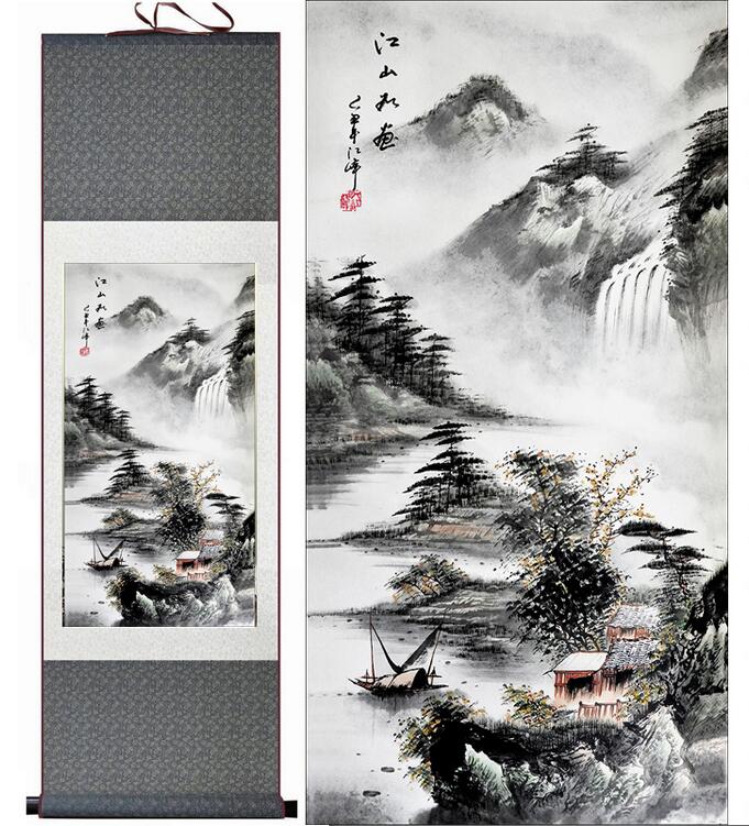 Chinese Art Scroll Painting Landscape Mountains And River Ancient Silk Picture Wall Ideas 12518-Chinese Style Finds™