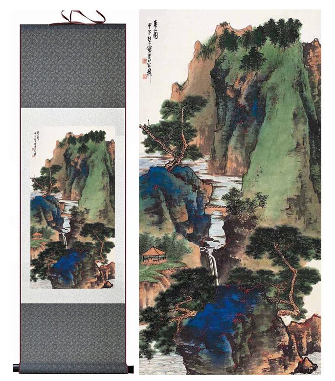 Chinese Art Scroll Painting Landscape Mountains And River Ancient Silk Picture Wall Ideas 13602-Chinese Style Finds™