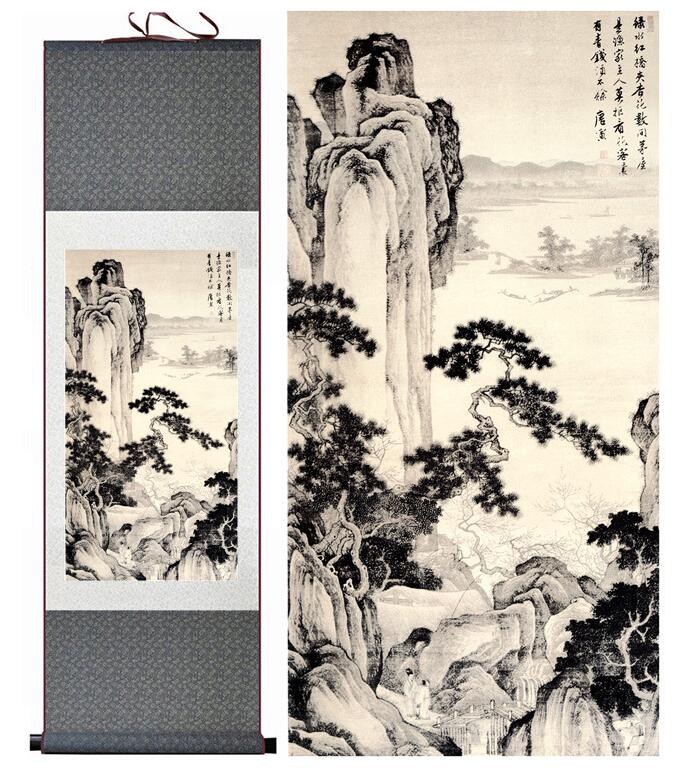 Chinese Art Scroll Painting Landscape Mountains And River Ancient Silk Picture Wall Ideas 13606-Chinese Style Finds™