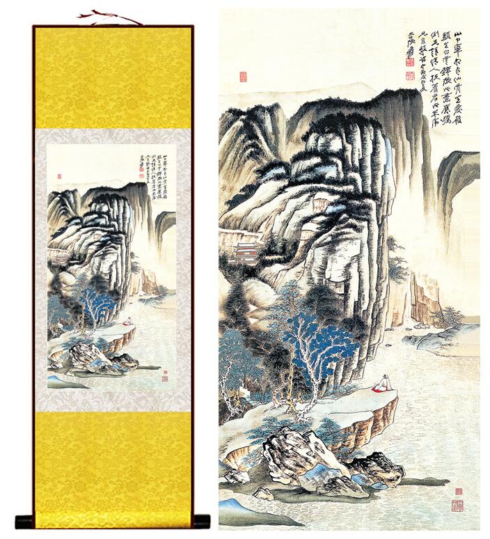 Chinese Art Scroll Painting Landscape Mountains And River Ancient Silk Picture Wall Ideas 13610-Chinese Style Finds™