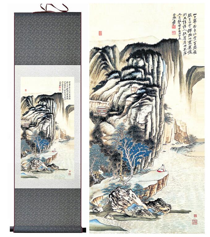 Chinese Art Scroll Painting Landscape Mountains And River Ancient Silk Picture Wall Ideas 13610-Chinese Style Finds™