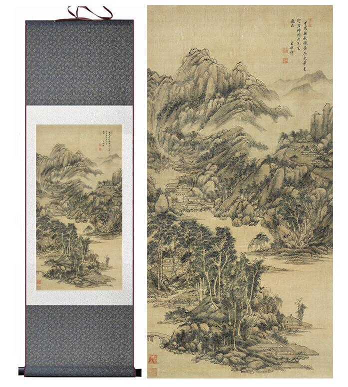 Chinese Art Scroll Painting Landscape Mountains And River Ancient Silk Picture Wall Ideas 13614-Chinese Style Finds™