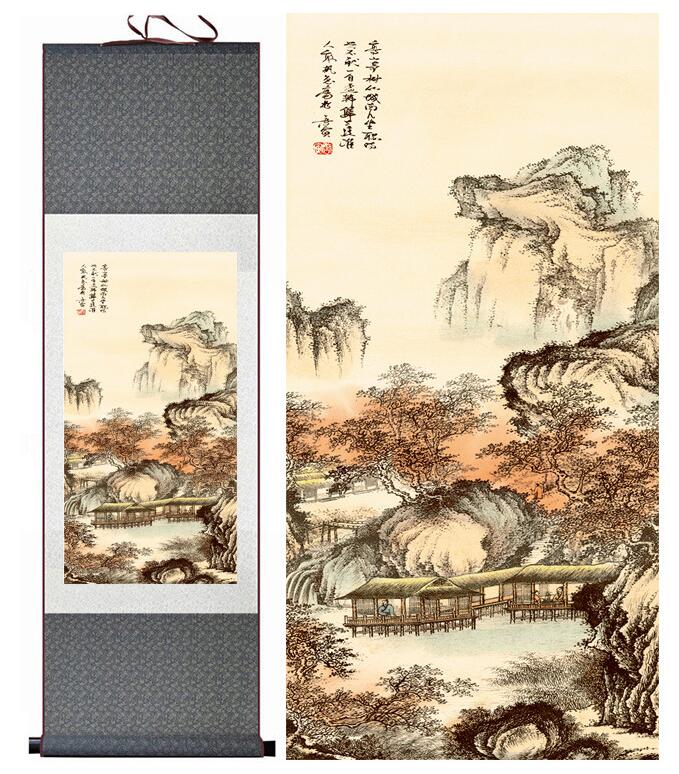 Chinese Art Scroll Painting Landscape Mountains And River Ancient Silk Picture Wall Ideas 13618-Chinese Style Finds™