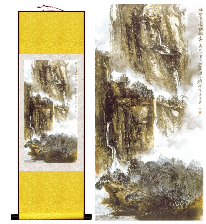 Chinese Art Scroll Painting Landscape Mountains And River Ancient Silk Picture Wall Ideas 13622-Chinese Style Finds™