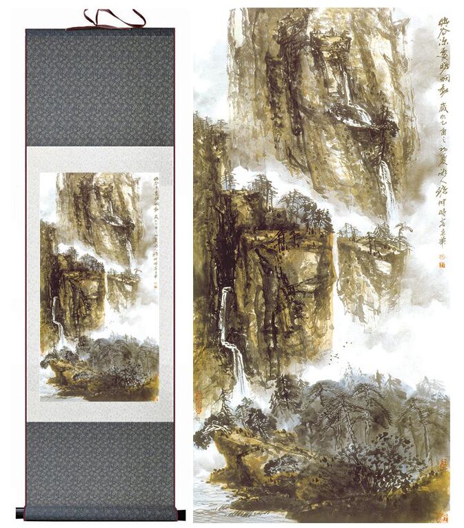 Chinese Art Scroll Painting Landscape Mountains And River Ancient Silk Picture Wall Ideas 13622-Chinese Style Finds™