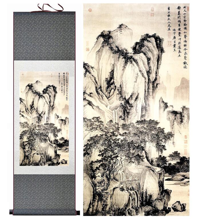 Chinese Art Scroll Painting Landscape Mountains And River Ancient Silk Picture Wall Ideas 13626-Chinese Style Finds™