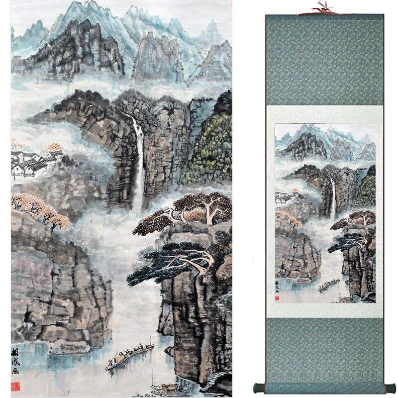 Chinese Art Scroll Painting Landscape Mountains And River Ancient Silk Picture Wall Ideas 17418-Chinese Style Finds™