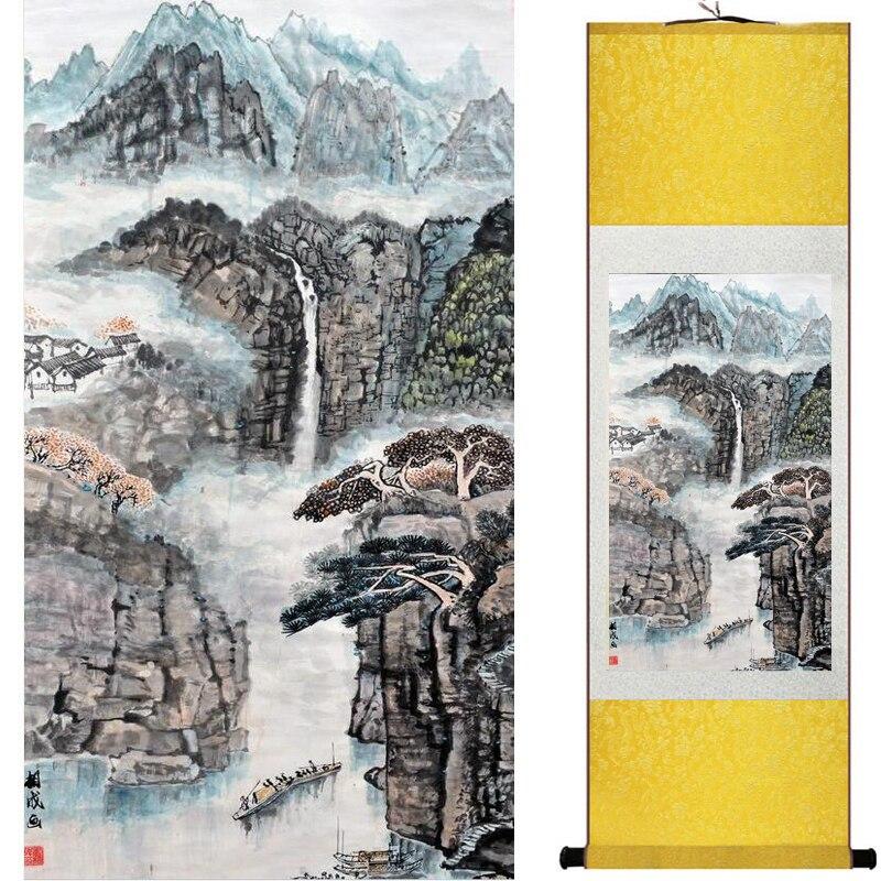 Chinese Art Scroll Painting Landscape Mountains And River Ancient Silk Picture Wall Ideas 17418-Chinese Style Finds™