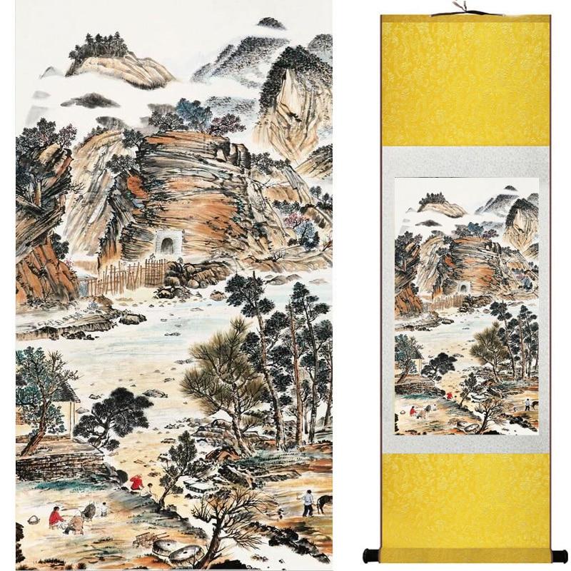 Chinese Art Scroll Painting Landscape Mountains And River Ancient Silk Picture Wall Ideas 18728-Chinese Style Finds™