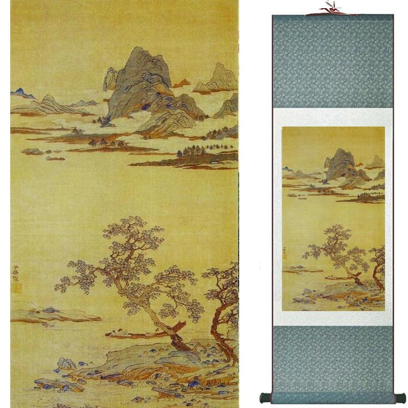 Chinese Art Scroll Painting Landscape Mountains And River Ancient Silk Picture Wall Ideas 19250-Chinese Style Finds™