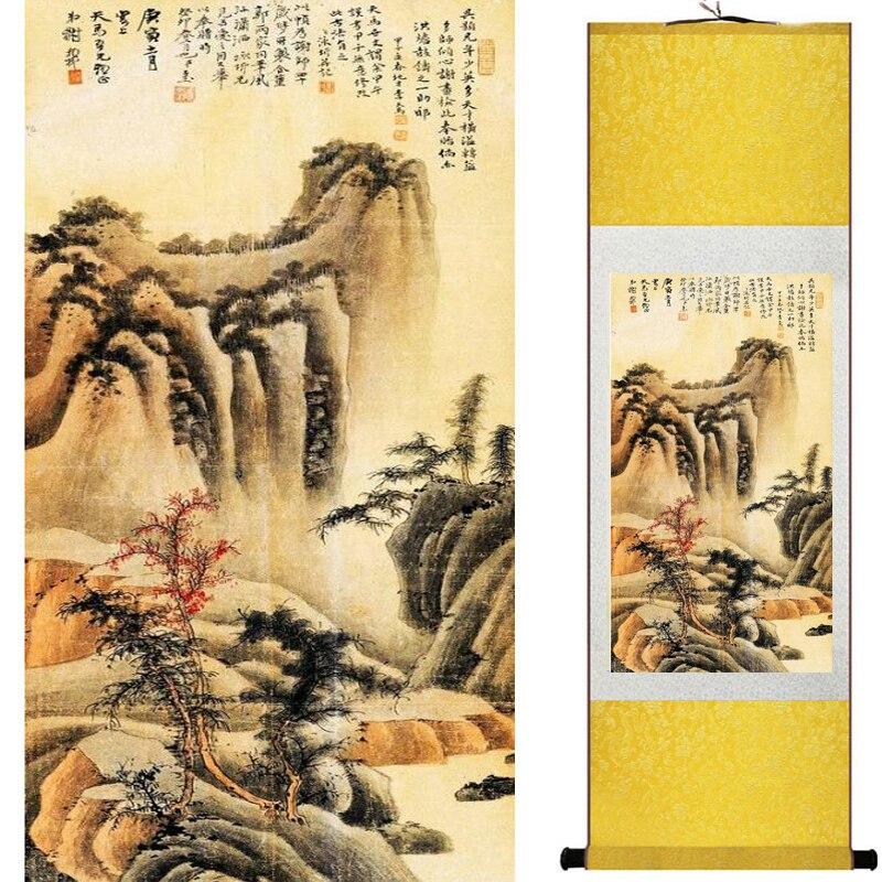 Chinese Art Scroll Painting Landscape Mountains And River Ancient Silk Picture Wall Ideas 19262-Chinese Style Finds™