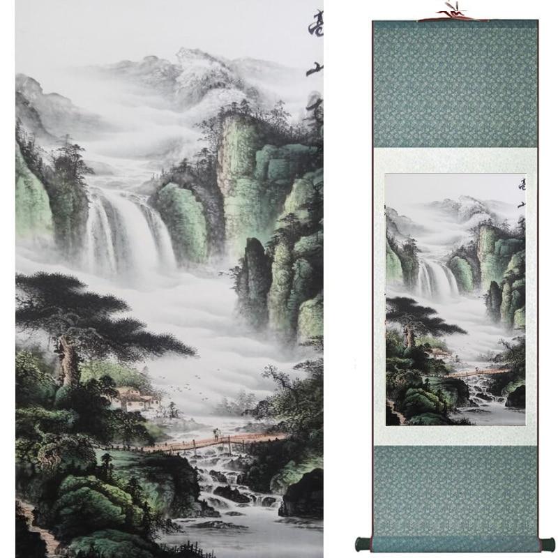 Chinese Art Scroll Painting Landscape Mountains And River Ancient Silk Picture Wall Ideas 19814-Chinese Style Finds™