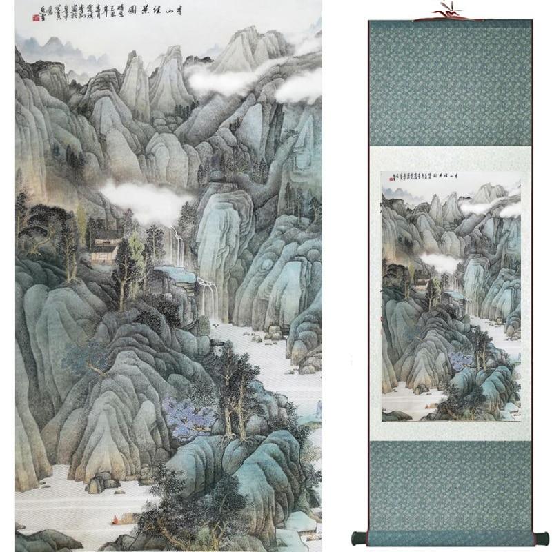 Chinese Art Scroll Painting Landscape Mountains And River Ancient Silk Picture Wall Ideas 19818-Chinese Style Finds™