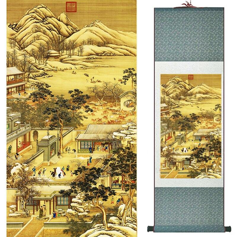 Chinese Art Scroll Painting Landscape Mountains And River Ancient Silk Picture Wall Ideas 20062-Chinese Style Finds™