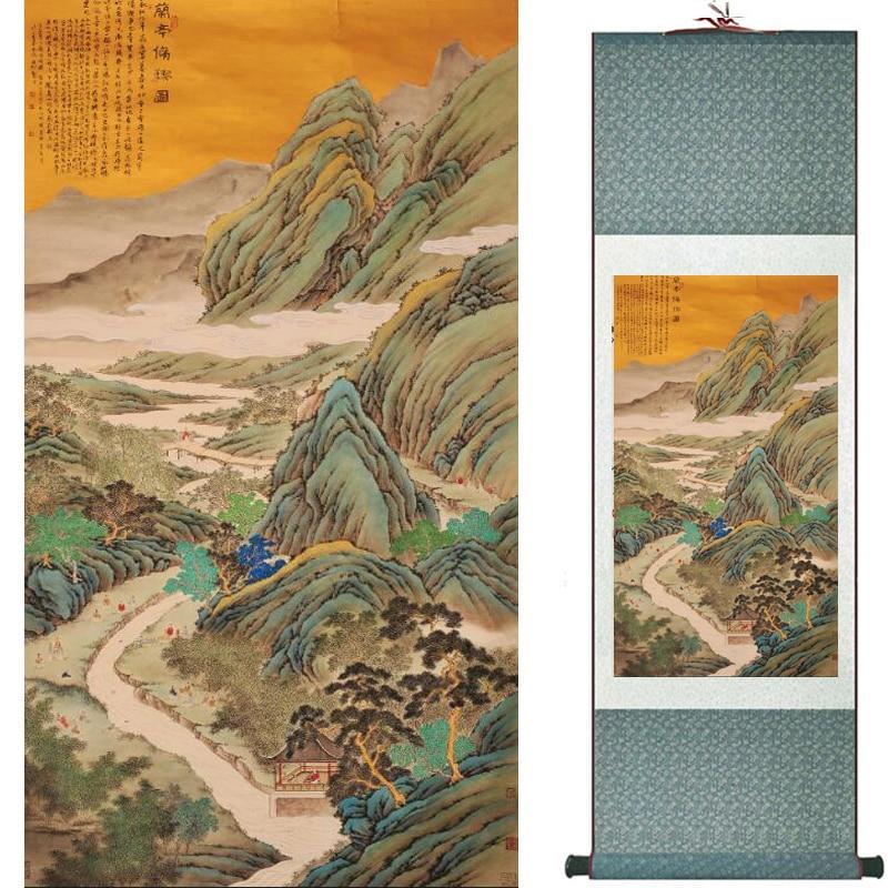 Chinese Art Scroll Painting Landscape Mountains And River Ancient Silk Picture Wall Ideas 20410-Chinese Style Finds™