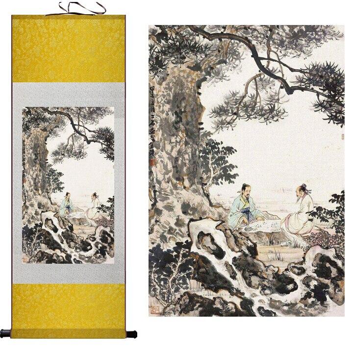 Chinese Art Scroll Painting Landscape Play Chess Ancient Silk Picture Wall Ideas 11346-Chinese Style Finds™