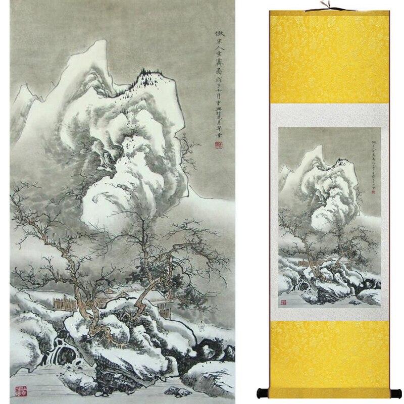 Chinese Art Scroll Painting Landscape Winter Ancient Silk Picture Wall Ideas 16278-Chinese Style Finds™