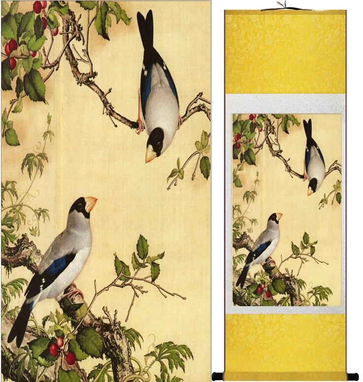 Chinese Art Scroll Painting Langshining Animal Birds And Flower Ancient Silk Picture Wall Ideas 12146-Chinese Style Finds™