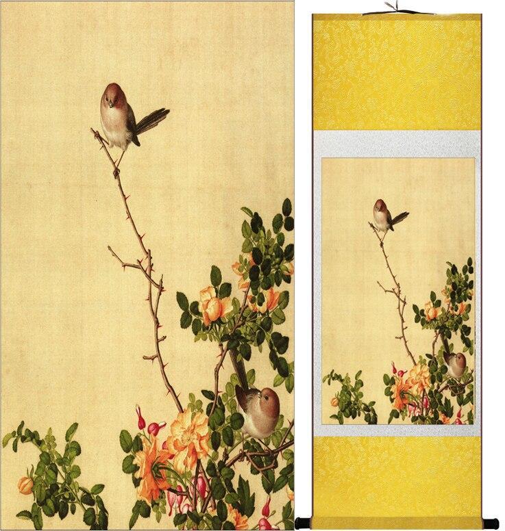 Chinese Art Scroll Painting Langshining Animal Birds And Flower Ancient Silk Picture Wall Ideas 12150-Chinese Style Finds™