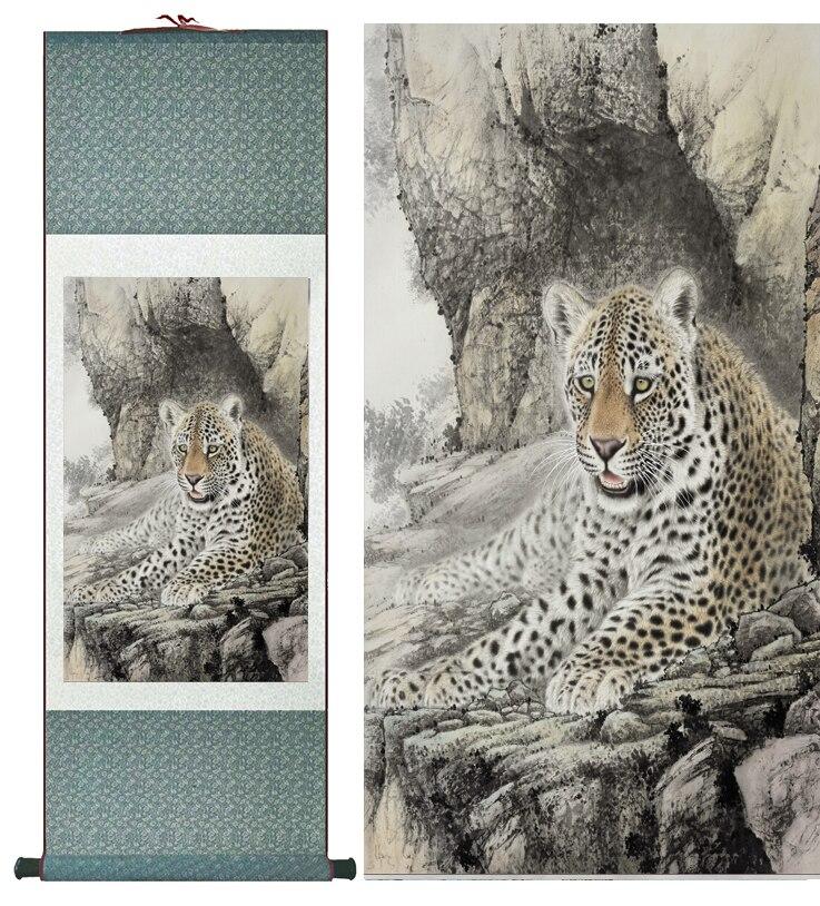 Chinese Art Scroll Painting Leopard Ancient Silk Picture Wall Ideas 12666-Chinese Style Finds™