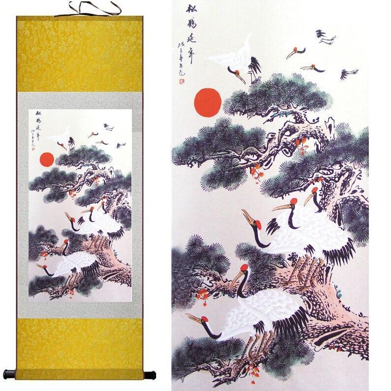 Chinese Art Scroll Painting Longevity Crane Animal Birds Ancient Silk Picture Wall Ideas 10864-Chinese Style Finds™