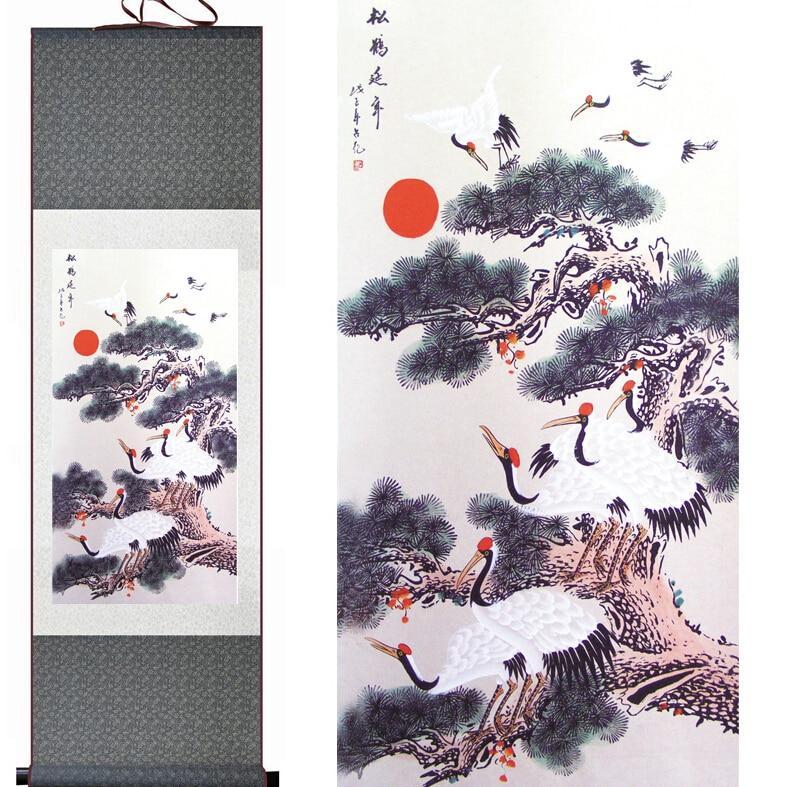 Chinese Art Scroll Painting Longevity Crane Animal Birds Ancient Silk Picture Wall Ideas 10864-Chinese Style Finds™