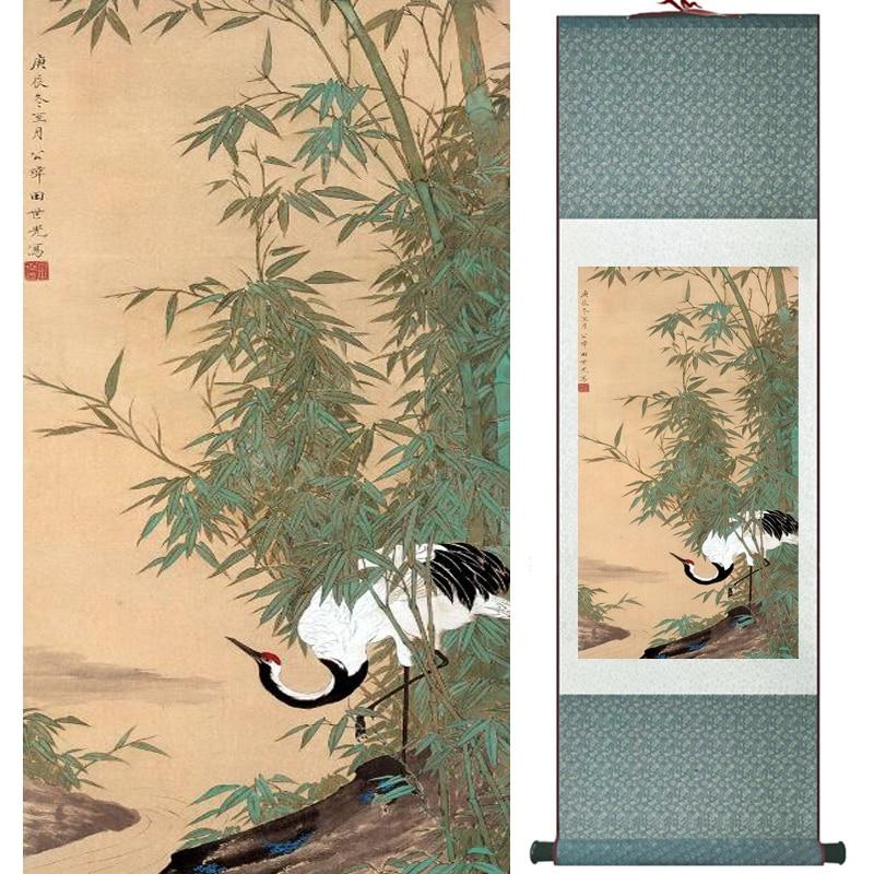 Chinese Art Scroll Painting Longevity Crane Animal Birds Ancient Silk Picture Wall Ideas 16870-Chinese Style Finds™