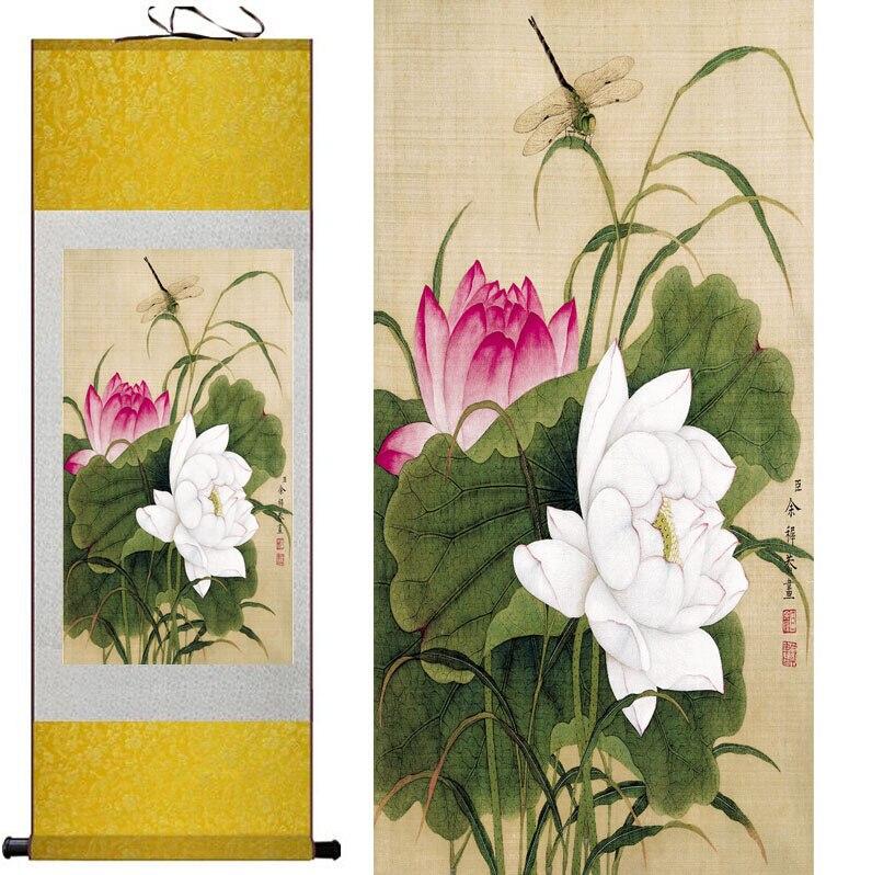 Chinese Art Scroll Painting Lotus Flower Ancient Silk Picture Wall Ideas 11506-Chinese Style Finds™