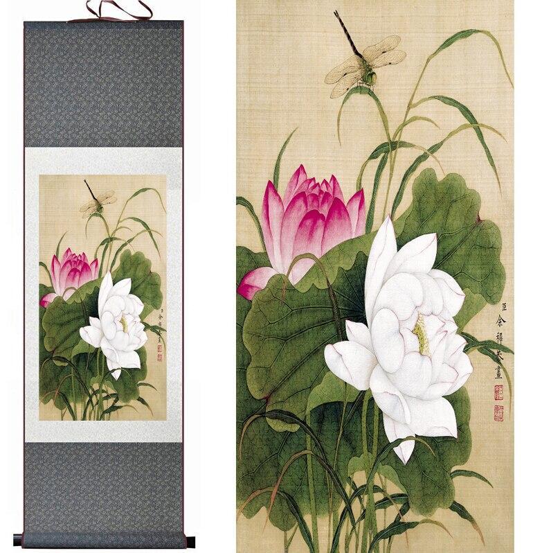 Chinese Art Scroll Painting Lotus Flower Ancient Silk Picture Wall Ideas 11506-Chinese Style Finds™