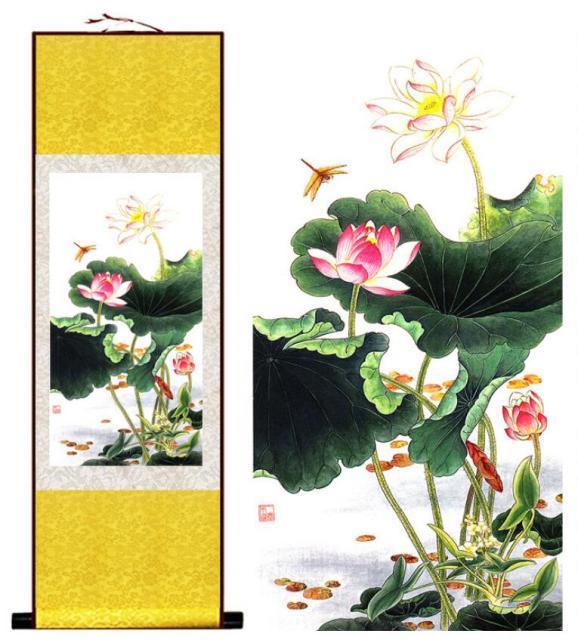 Chinese Art Scroll Painting Lotus Flower Ancient Silk Picture Wall Ideas 12882-Chinese Style Finds™