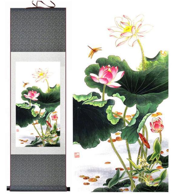 Chinese Art Scroll Painting Lotus Flower Ancient Silk Picture Wall Ideas 12882-Chinese Style Finds™